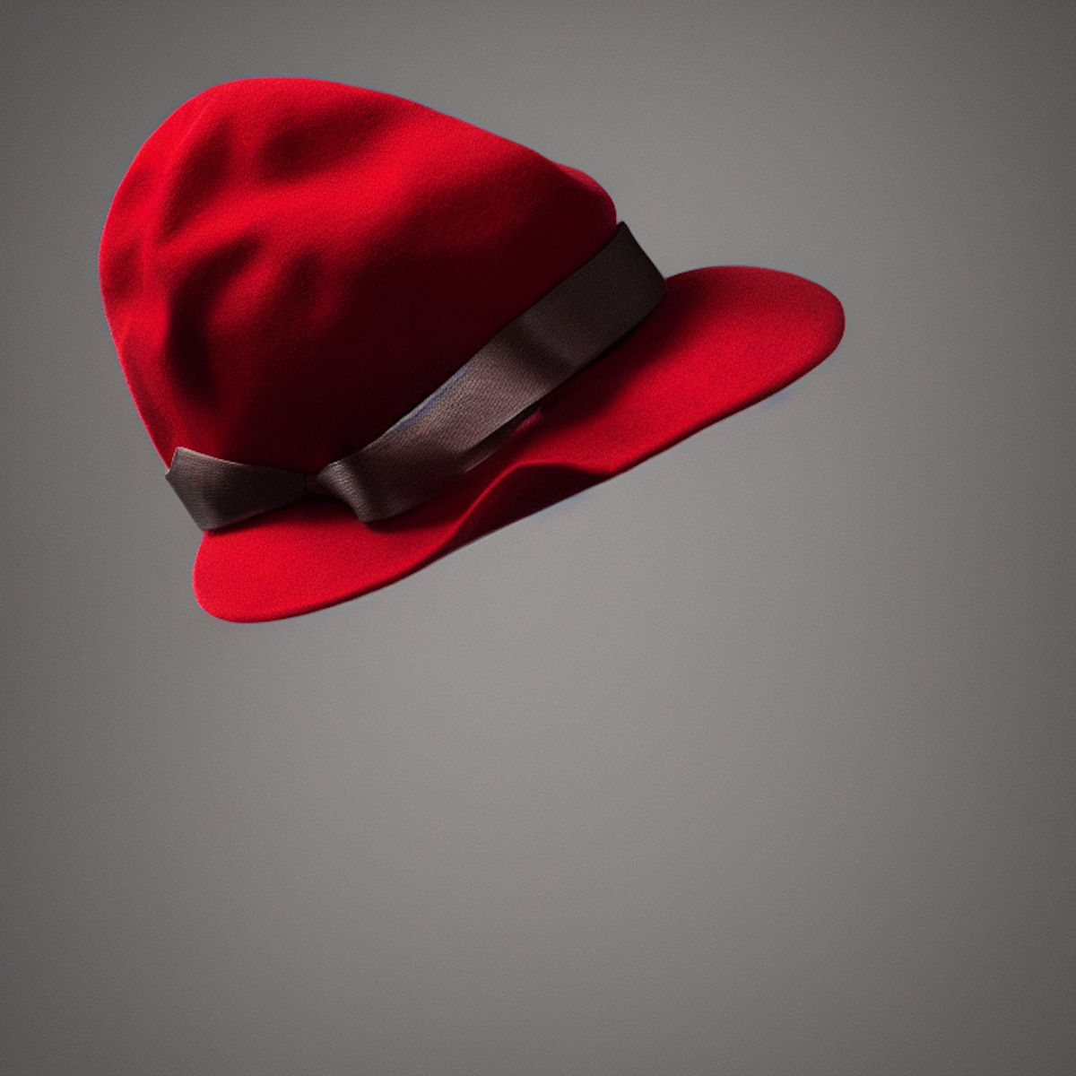 A bright red hat with a wide brim, adorned with a large brown ribbon tied in a bow around the crown. The ribbon is made of a lightweight fabric and features a beautiful pattern of small, intricate swirls. The hat itself is made of a soft, velvety material and is lined with a white fabric. The brim of the hat is slightly upturned, adding a touch of fun and whimsy. The overall effect is elegant and charming.