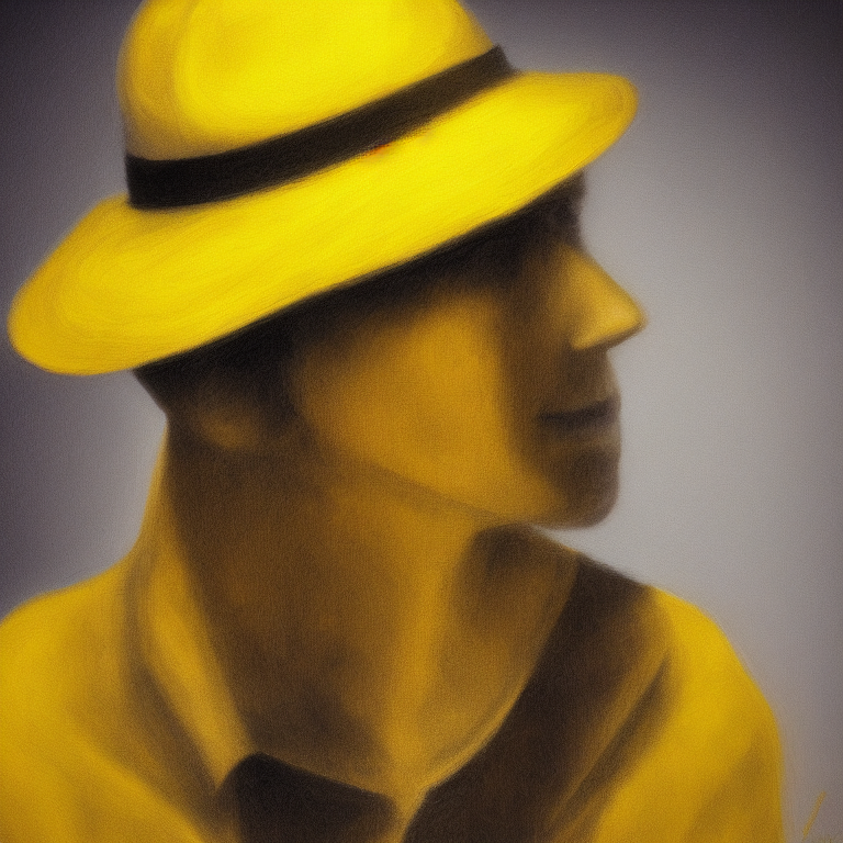 A man with a bright yellow hat stands in front of a white wall. He is wearing a light blue shirt and dark blue jeans. His arms are crossed in front of him, and he is looking directly at the camera with a serious expression. His hat is a classic trilby style and is made from a soft yellow fabric. The top of the hat is slightly folded to give a unique look. He is standing in the center of the frame, with a plain backdrop, focusing the attention solely on him. His facial features are strong with a determined gaze and his posture is confident. He is wearing a yellow hat that gives him a unique look and stands out against the white wall.