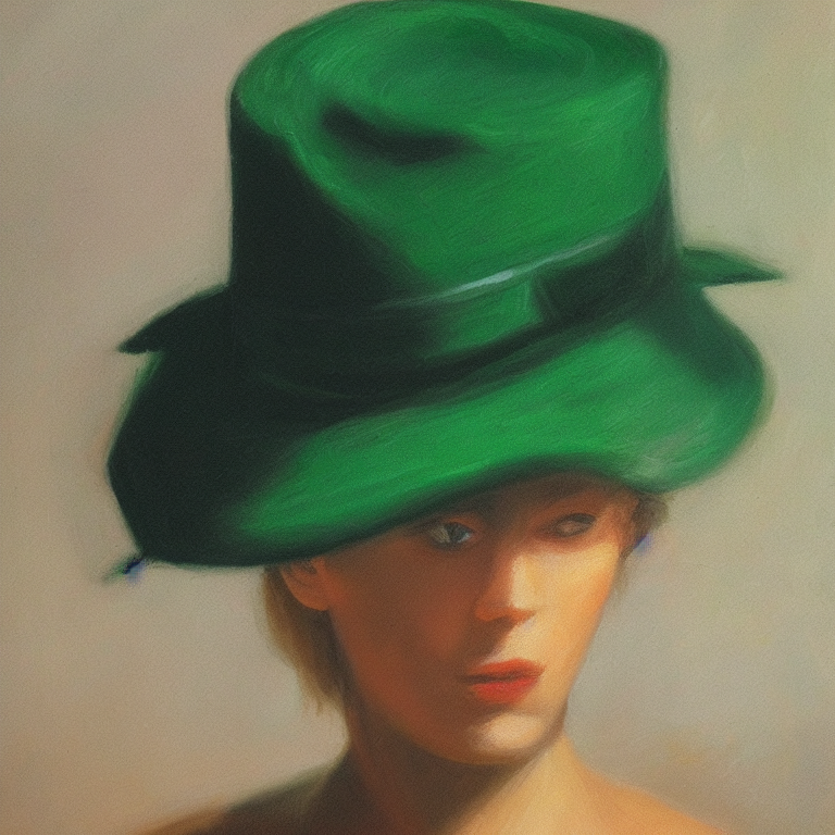 This is an oil painting depicting a woman wearing a green hat. The woman is facing forward, gazing into the distance. She is wearing a bright green hat with a decorative brim, which adds a pop of color to the painting. Her long brown hair is pulled back, and her facial features are soft and gentle. She has a gentle smile on her face and her eyes show a peacefulness that radiates from her. She is wearing a white shirt and a light blue skirt with a floral pattern. The painting has an overall warm color palette, with hints of yellow and orange. The background is mostly white and light blue, giving the painting a dreamy, airy feeling. The painting is framed with a white border, and the edges are slightly faded, creating a soft, vintage look.
