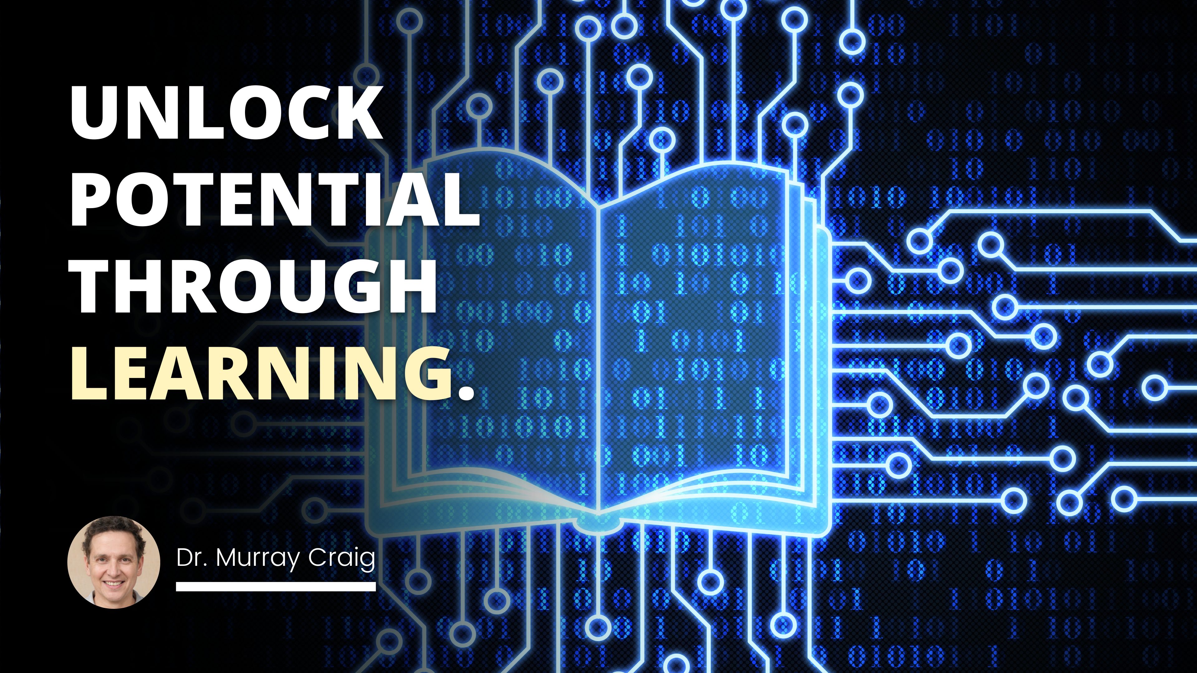 In this image, a book with a circuit board and text can be seen on a blue background. There is a white letter on a black background in the top left corner, and a white circle with blue dots in the top right corner. To the right of the book is a blue screen with white text, and a close-up of a black and white logo in the bottom left corner. A close-up of a man smiling is present in the bottom right corner, and a screen with numbers and a blue border is located in the center of the image. All of these objects are in sharp focus.