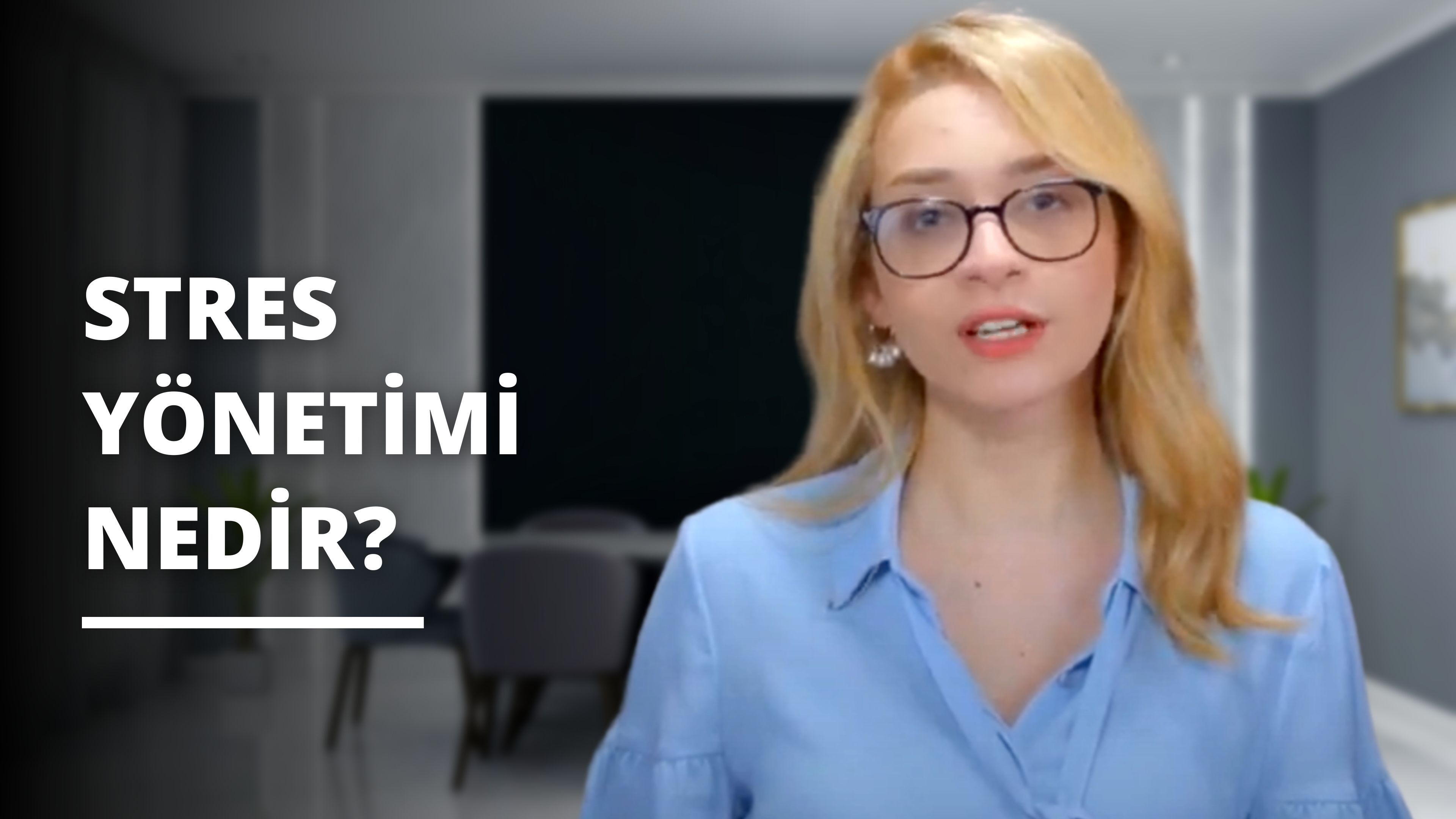 Sarı saçlı, gözlüklü ve mavi gömlekli bir kadın öne doğru bakmaktadır. Yanında siyah zemin üzerine beyaz bir yazı vardır. Siyah beyaz tabelanın üzerinde beyaz harfler yazılıdır. Kadının boynu yakın çekimde görülebilmektedir. Vücudu bulanık bir görüntüde görülüyor ve bacağı da bulanık bir görüntüde görülüyor. Arka planda beyaz bir nesne var ve o da bulanık.