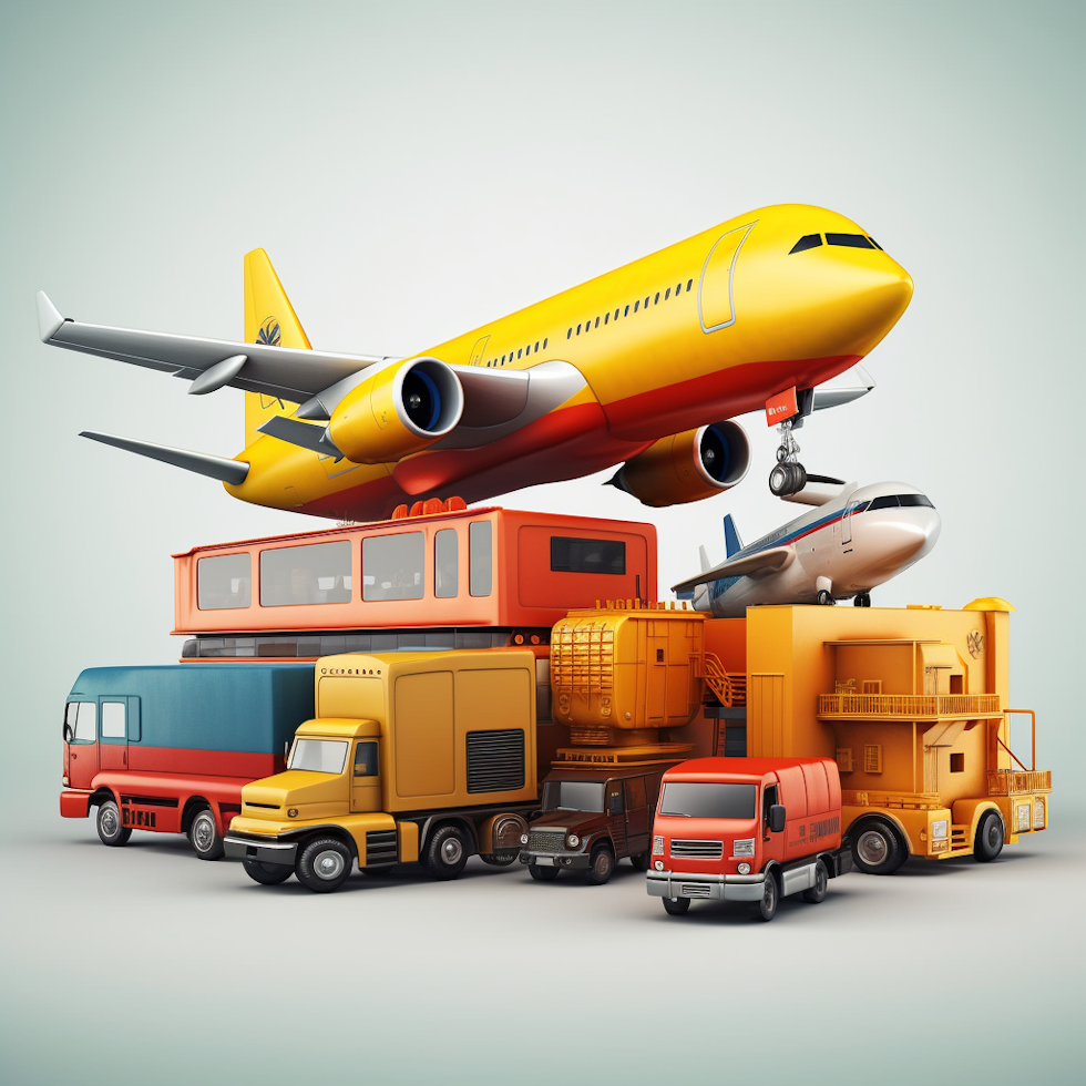Resimde, lojistiğin temel taşıma araçlarından bazılarının yer almaktadır. Örneğin, bir kamyon, bir gemi, bir uçak ve bir tren gibi araçlar resme eklenerek farklı taşıma modlarının temsili sağlanmıştır. Araçlar canlı ve dikkat çekici renklere sahiptir.