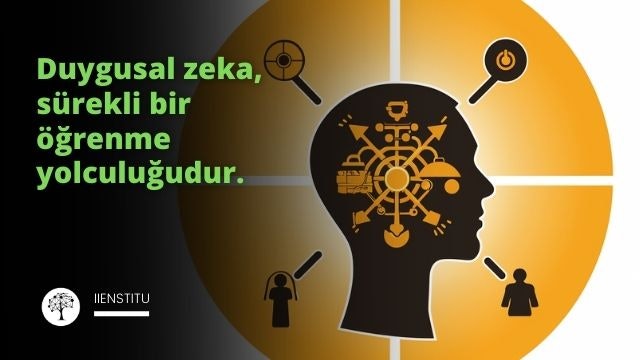 Resmin merkezinde beyaz zemin üzerine çizilmiş siyah bir beyin silueti yer almaktadır. Beynin etrafına aşı boyasıyla bir döngüyü temsil eden bir ok çizilmiştir. Bu ok, duygusal zekânın sürekli bir süreç olduğunu ve birçok aşamayı içerdiğini göstermektedir. Beyin siluetinin üzerinde farklı duygusal zeka süreçlerini temsil eden dört koyu sarı simge yer almaktadır. Bu simgeler ve süreçleri şunlardır: bir gözlük (duygusal bilgiyi algılama), bir ampul (bu bilgiyi işleme ve anlama), bir direksiyon (duygusal tepkileri yönetme ve kontrol etme) ve bir kalp (duygusal bilgiyi kullanarak ilişkiler kurma ve sürdürme). Bu dört simge beynin farklı bölgelerinden geçen bir yol çizerek duygusal zekanın sürekli bir süreç olduğunu ve bir aşamadan diğerine akıcı bir geçiş gerektirdiğini temsil etmektedir. Resim, duygusal zekanın sürekli bir gelişim ve öğrenme süreci olduğunu ve bireyin duygusal becerilerini sürekli olarak geliştirmesi ve iyileştirmesi gerektiğini vurgulamak için tasarlanmıştır.