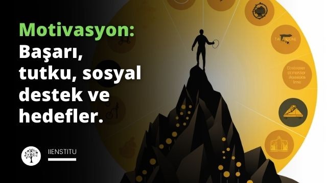 Beyaz bir arka plan üzerinde tırmanan siyah bir insan silueti vardır. Kişi, motivasyonu ve hedefe ulaşma arzusunu simgeleyen koyu sarı bir dağın zirvesine doğru tırmanmaktadır. Dağın altında motivasyonu tetikleyen çeşitli unsurları temsil eden koyu sarı simgeler yer almaktadır. Bunlar arasında bir kupa (başarı), bir kalp (tutku), bir grup insan (sosyal motivasyon) ve bir hedef tahtası (hedef belirleme) bulunmaktadır. Bu görsel, motivasyonun kişisel başarı ve hedeflere ulaşmada kilit bir faktör olduğunu ve çeşitli unsurlar tarafından tetiklenebileceğini göstermek için tasarlanmıştır.