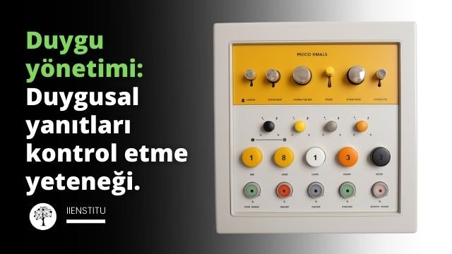 Beyaz bir arka plan üzerinde, kontrol düğmeleri ve sürgüleri olan koyu sarı renkte bir karışım paneli (ses kontrol paneli) görüyoruz. Bu panel duygu yönetimini temsil etmektedir. Her bir kontrol düğmesi ve kaydırıcı neşe, üzüntü, öfke, korku ve şaşkınlık gibi farklı bir duyguyu temsil etmektedir. Bu, duygularımızın yönetilebilir olduğunu ve doğru araç ve becerilerle ayarlanabileceğini temsil eder. Bu görsel, duygu yönetiminin duygusal tepkilerimizi kontrol etme ve uygun şekilde ifade etme becerimiz olduğunu vurgulamak için tasarlanmıştır.