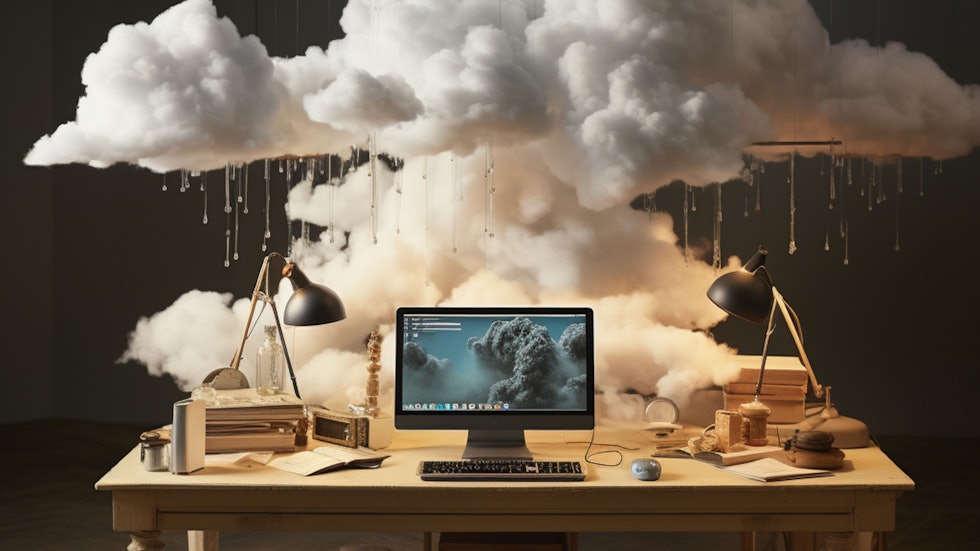bulutun altında bilgisayarlı bir ofis masası, gerçekçi ve fantastik öğelerin karışımı tarzında, mat resim, national geographic fotoğrafı, heykel, açık siyah ve bej, duvar kağıdı, enstalasyon