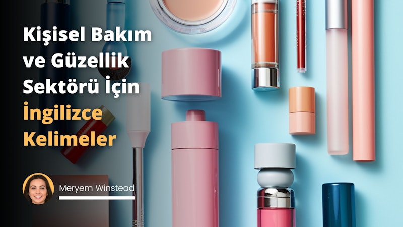 Resimde, beyaz bir zemin üzerinde farklı kişisel bakım ve güzellik ürünleri çizilmiştir. Solda, pembe bir tüpte ruj ve mavi bir şişede oje gibi makyaj malzemeleri bulunur. Sağda, yeşil bir kutuda yüz kremi ve turuncu bir şişede saç spreyi gibi bakım ürünleri çizilmiştir. Merkezde, büyük, parlak ve altın renkte bir İngilizce kelime kartı bulunmaktadır. Kartın üzerinde 'Beauty' yazılıdır ve kartın her iki yanında da sprey şişesi ve makyaj fırçası gibi kuaförlük aletleri çizilmiştir. Bu, güzellik ve kişisel bakım sektöründe kullanılan İngilizce kelimeleri öğrenmeyi temsil etmektedir. Ürünler ve aletlerin arasında, yukarı doğru uçan ve 'trends' yazan küçük bir baloncuk çizilmiştir. Bu, sektördeki trendleri işaret etmektedir. Bütün bu içerik, dil becerilerini geliştirerek bu sektördeki terim ve trendleri anlamayı simgeler.
