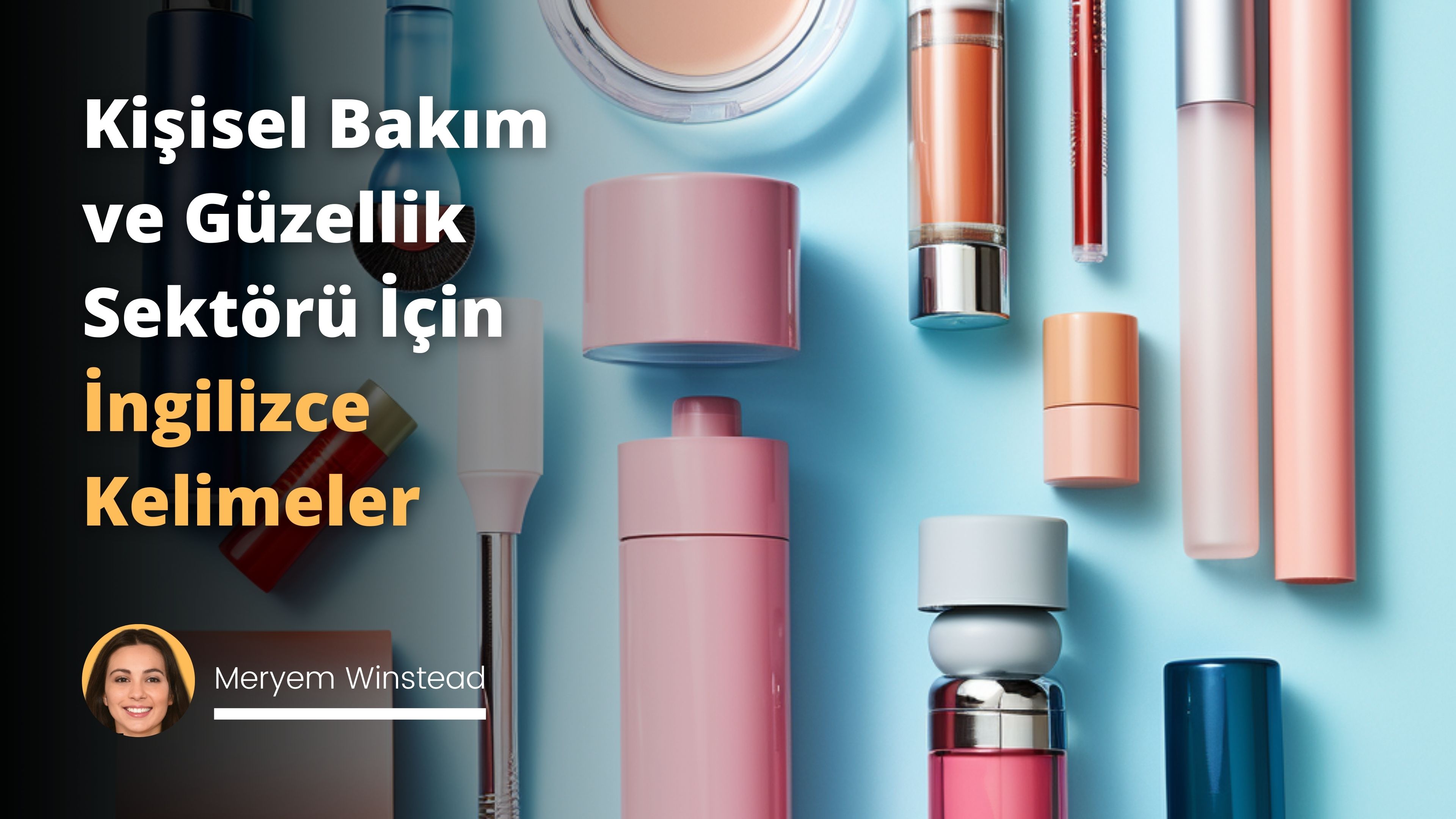 Resimde, beyaz bir zemin üzerinde farklı kişisel bakım ve güzellik ürünleri çizilmiştir. Solda, pembe bir tüpte ruj ve mavi bir şişede oje gibi makyaj malzemeleri bulunur. Sağda, yeşil bir kutuda yüz kremi ve turuncu bir şişede saç spreyi gibi bakım ürünleri çizilmiştir. Merkezde, büyük, parlak ve altın renkte bir İngilizce kelime kartı bulunmaktadır. Kartın üzerinde 'Beauty' yazılıdır ve kartın her iki yanında da sprey şişesi ve makyaj fırçası gibi kuaförlük aletleri çizilmiştir. Bu, güzellik ve kişisel bakım sektöründe kullanılan İngilizce kelimeleri öğrenmeyi temsil etmektedir. Ürünler ve aletlerin arasında, yukarı doğru uçan ve 'trends' yazan küçük bir baloncuk çizilmiştir. Bu, sektördeki trendleri işaret etmektedir. Bütün bu içerik, dil becerilerini geliştirerek bu sektördeki terim ve trendleri anlamayı simgeler.