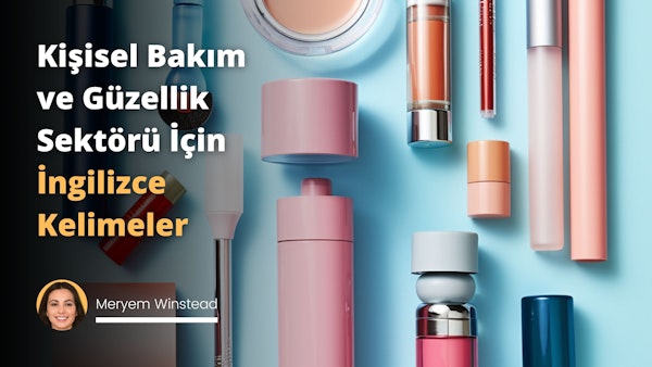 Resimde, beyaz bir zemin üzerinde farklı kişisel bakım ve güzellik ürünleri çizilmiştir. Solda, pembe bir tüpte ruj ve mavi bir şişede oje gibi makyaj malzemeleri bulunur. Sağda, yeşil bir kutuda yüz kremi ve turuncu bir şişede saç spreyi gibi bakım ürünleri çizilmiştir. Merkezde, büyük, parlak ve altın renkte bir İngilizce kelime kartı bulunmaktadır. Kartın üzerinde 'Beauty' yazılıdır ve kartın her iki yanında da sprey şişesi ve makyaj fırçası gibi kuaförlük aletleri çizilmiştir. Bu, güzellik ve kişisel bakım sektöründe kullanılan İngilizce kelimeleri öğrenmeyi temsil etmektedir. Ürünler ve aletlerin arasında, yukarı doğru uçan ve 'trends' yazan küçük bir baloncuk çizilmiştir. Bu, sektördeki trendleri işaret etmektedir. Bütün bu içerik, dil becerilerini geliştirerek bu sektördeki terim ve trendleri anlamayı simgeler.