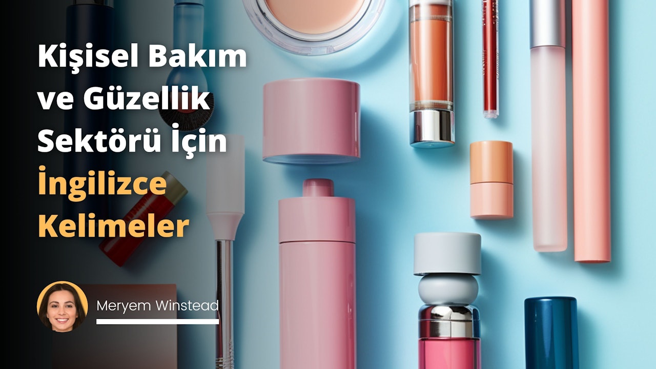 Resimde, beyaz bir zemin üzerinde farklı kişisel bakım ve güzellik ürünleri çizilmiştir. Solda, pembe bir tüpte ruj ve mavi bir şişede oje gibi makyaj malzemeleri bulunur. Sağda, yeşil bir kutuda yüz kremi ve turuncu bir şişede saç spreyi gibi bakım ürünleri çizilmiştir. Merkezde, büyük, parlak ve altın renkte bir İngilizce kelime kartı bulunmaktadır. Kartın üzerinde 'Beauty' yazılıdır ve kartın her iki yanında da sprey şişesi ve makyaj fırçası gibi kuaförlük aletleri çizilmiştir. Bu, güzellik ve kişisel bakım sektöründe kullanılan İngilizce kelimeleri öğrenmeyi temsil etmektedir. Ürünler ve aletlerin arasında, yukarı doğru uçan ve 'trends' yazan küçük bir baloncuk çizilmiştir. Bu, sektördeki trendleri işaret etmektedir. Bütün bu içerik, dil becerilerini geliştirerek bu sektördeki terim ve trendleri anlamayı simgeler.