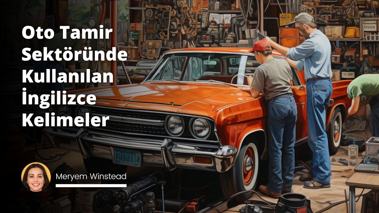 Bu resim bir oto tamir atölyesini resmediyor. Resmin merkezinde, önünde açık özelliklerle bir araba bulunan ve içerisinde çeşitli tamir aletleri olan geniş bir çalışma alanı var. Araba, kaputu açık bir şekilde ve yanında bir tamirci, tamirat yaparken betimlenmiş. Tamircinin yanında bir dizi el aleti yere düzenli bir şekilde yerleştirilmiş durumda; bunlar arasında anahtarlar, pense, vidalar ve çekiçler bulunuyor. Sağ alt köşede, detaylı ve ince oluklara sahip bir lastiğin çizimi mevcut. Atölyenin arka planında ise büyük bir takım dolabı, üzerinde türlü türlü alet ve parça bulunan raflar ve asmış durumda farklı boyutlarda parçalar var. Resim genel olarak bir oto tamir atölyesinin karmaşık ama düzenli atmosferini yansıtıyor.