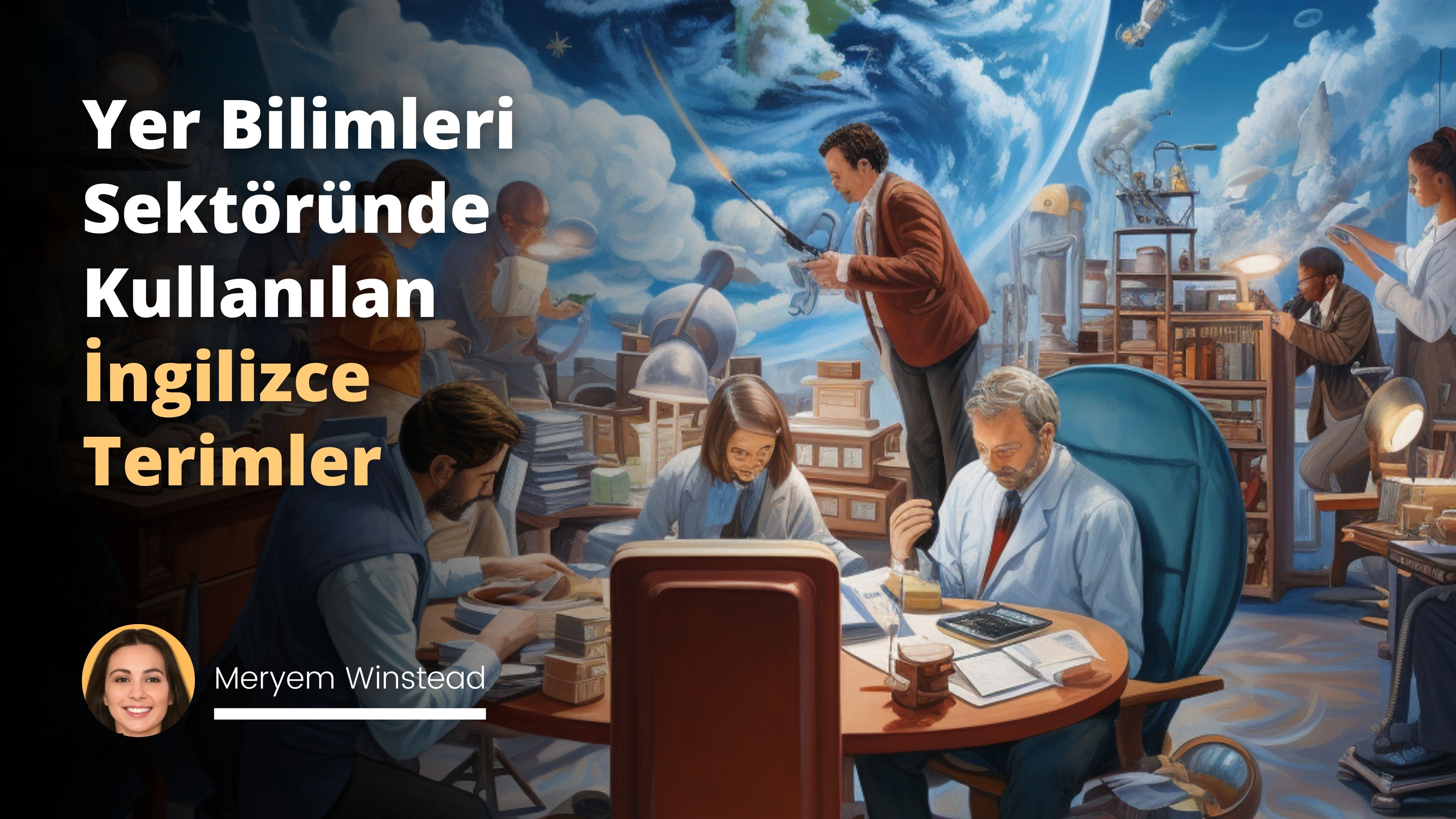 Resim, geniş bir mavi arka plan üzerinde, mavi ve yeşil tonları gösteren dünyayı içerir. Dünya, detaylı şekilde, okyanuslar, kıtalar ve bulutlarla boyanmıştır. Sağ alt köşede, neşeli bir grup bilim insanı görünmektedir. Onlar dağınık bir şekilde dururlar; bazıları coğrafi aletlere bakıyor, diğerleri not alıyor ya da sadece gözlüklerinin üzerinden bakıyorlar. Her biri beyaz bir laboratuvar önlüğü giymiştir ve bazılarının başında koruyucu gözlükler vardır. Aralarında gezen bir drone görülebilir. Resim, onların enerjik çalışmaları ve dünyanın büyüklüğü ve güzelliği arasında hoş bir kontrast oluşturur. Bu görüntü, yer bilimlerinin heyecan verici ve geniş kapsamlı bir alanda olduğu mesajını verir.