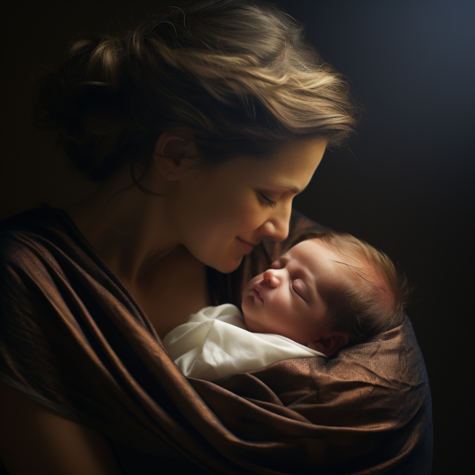 karanlık bir arka plan üzerinde bebeğini tutan genç bir anne, greg olsen tarzında, koyu çivit mavisi ve açık kehribar, peter lippmann, lilia alvarado, 8k çözünürlük, sarılmış, ince parlaklık
