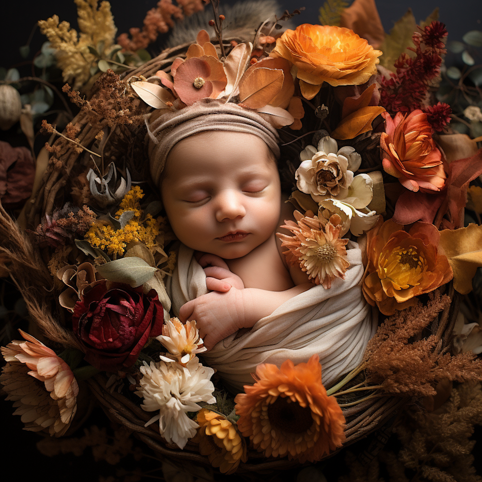 sonbahar çiçekleri ile çevrili bir sepette yatan bir kız bebek, koyu altın ve koyu kehribar tarzında, atmosferik enstalasyonlar, canlı ve dokulu, detaylı yüz hatları, koyu bej ve kehribar, ödüllü, canon 7
