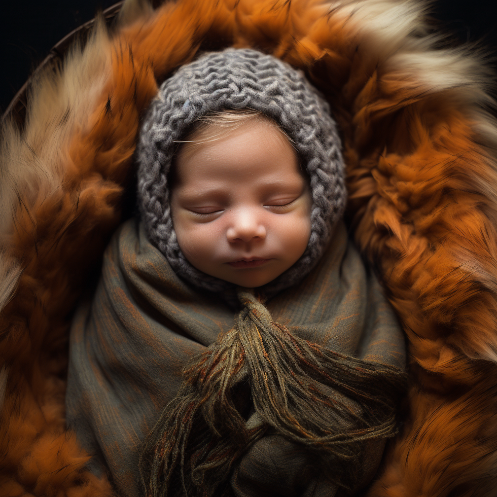 kış şapkalı ve kürk battaniyeli yeni doğan bebek lr, koyu turuncu ve koyu bronz tarzında, uhrevi ve diğer dünya atmosferi, karmaşık dokuma, folklorik portreler, gri ve kehribar, şık, ön kısaltma teknikleri