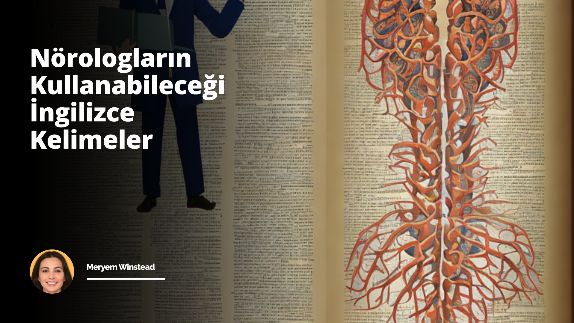 Bu görsel, digital illüstrasyon sanat formunu kullanarak 'Nörologlar için İngilizce kelime rehberi. Beyin ve sinir sistemini anlatan terimler ve ifadeleri kolayca öğrenin.' konseptini yansıtmaktadır. Sahnede, bir nörolog, elinde büyük, açık bir kitapla yer alıyor ve okuyucuya doğru kitabı içeriyormuş gibi gösteriyor. Kitabın sayfalarında, beyin ve sinir sistemi ile ilgili çeşitli terimler, tablolar ve beyin illüstrasyonları gözüküyor. Sanatçının geniş ama basit bir tarzı var, bu nedenle sahne, karmaşık ve karışık olmayan şekildedir. Açık mavi ve beyaz tonlarından oluşan soğuk bir renk paleti kullanılarak oluşturulan görsel, bilgi vermenin yanı sıra rahat ve sakin bir atmosfer yaratıyor. Nörologun yüz ifadesi, gülümsemesi ve gözlükleri ile bilgeliği ve bilgi paylaşma hevesini simgeliyor. Genel aydınlatma, sayfanın üzerinde mavi ve beyaz tonların hakim olduğu kitaptan geliyor, bu da kitabın ve içindeki bilginin sahnenin odak noktası olduğunu vurguluyor.