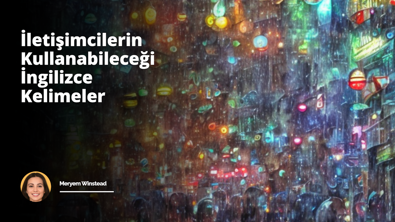 Bu görsel, iletişimciler için özenle seçilmiş İngilizce kelimelerin yer aldığı bir suluboya tablo konsepti. Yağmurlu bir İstanbul sokak sahnesini hikaye etmekte. Sahnede, rengarenk ve farklı tasarımlı kelimeler, cıvıl cıvıl bir kalabalığın arasında süzülüp uçuşuyor. Bu kelimelerin çoğu gri, hafif mavi tonlarına sahip, ancak aralarında parlak kırmızılar, canlı yeşiller de var. Sokakta yürüyen insanların, cıvıl cıvıl kelimelerle birlikte, yüzlerinde derin düşünceli ifadeler belirginleşmiş. Sokak lambaları, karanlık ve yağmurla boğuşan İstanbul sokaklarını aydınlatıyor, buram buram hüzün ve aynı zamanda umut yayıyor. Bu suluboya tabloyu gözler önüne seren sanatçı ise, sözcüklerle dans etme yeteneği ve yağmurlu İstanbul sokaklarını suluboya ile yansıtma ustalığıyla tanınan Ali Kutlu. Görselde, yağmurlu hava, gri tonlar ve ıslak sokakları yansıtan soğuk renk tonları hakim. Aydınlatma, sokak lambalarının ışığı ve bu ışığın yağmur damlalarıyla yarattığı parıltılar ile sağlanıyor. Hem hüzünlü hem de umut dolu bu atmosfer, etkili iletişimin ve geniş bir kelime dağarcığının gücünü anlatan bir hikâyeye dönüşüyor.