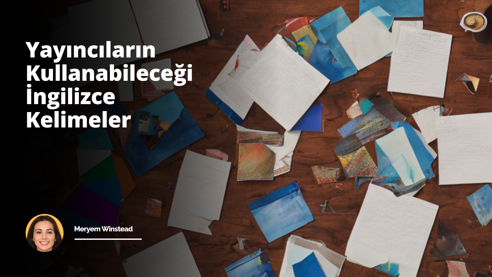 'Bilgi dolu bir fotoğraf çerçevesi şeklinde tasvir edilmiş, İngilizce sözcüklerin yayıncıların sunumlarına ve seslendirmelerine renk katabileceği bir yer. Yüksek çözünürlükte çekilmiş bir 35mm lens fotoğrafında, ahşap bir masanın üzerine serili renkli not kağıtları, çeşitli İngilizce kelimeler ve anlamları bir dil bilimci tarafından yazılmış gibi düzenlenmiştir. Mekan, eski bir kütüphane atmosferi oluşturacak şekilde tercih edilmiş ve çevresinde, özenle yerleştirilmiş antika öğeler bir sanat yapıtı niteliği kazandırmış. İşlenmiş ahşaptan tasarlanmış masa, çeşitli yaşlardan kalem, kağıt ve bilimsel araçlarla dolu. Masanın bir köşesindeyse eski bir bakır sürahi, bir fincan ve saat. Hafif tezgah aydınlatması, mekana gizemli ve rahatlatıcı bir hava katacak şekilde ayarlanmış, yarı karanlık ortamın rengi genellikle sıcak tonlarda ve soluk. Arka planda raflarla dolu kitaplıklar ve düşük seviyeli aydınlatma ile loş bir atmosfer hakim. Bu aydınlatma sayesinde dikkat tamamen masada bulunan materyallere ve kelimelere çekiliyor, gözü yormadan. '