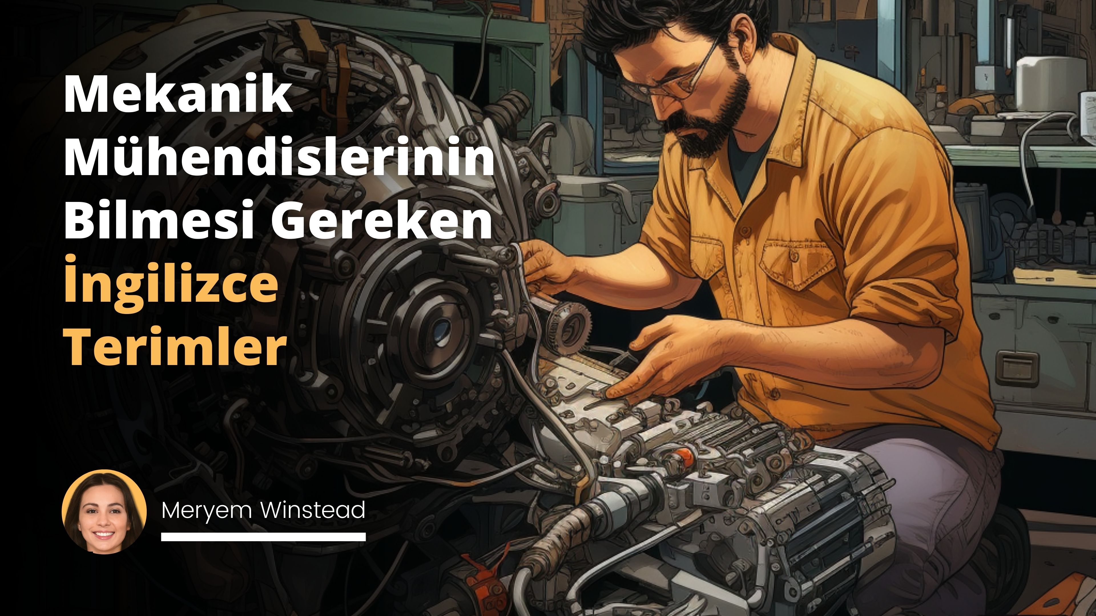 Bu görselin konsepti, mekanik mühendisliği odaklı İngilizce terimlerle dolu bir çalışma ortamını, modern çizgi roman formunda ele alıyor. Sanatçı seçimimiz ise bu alanda meşhur olan, detaycı ve renklerle arasındaki uyumu çok iyi dengeleyen Fahrettin Deveci. Görselde, büyük bir masanın üzerinde mühendislik araçları, projeler, bilgisayar ve İngilizce terimlerin Türkçe karşılıklarını içeren kitaplar bulunan bir çalışma odası atmosferine tanık oluyorsunuz. Işıklandırma, tavan lambasından ve masanın üzerindeki masa lambasından yapay bir ışık sağlarken, renk sıcaklığı hafif bir sarı tonuna sahip, bu da odanın genel atmosferini sıcak ve samimi hale getiriyor. Masanın arkasında duran mekanik mühendisinin ifadesi, yoğun ve odaklanmış olduğunu gösteriyor. Şık bir elbiseyle, neşeli ve hırslı bir ifadeyle terimleri ezberliyor. Aydınlatmanın yoğun olduğu masanın üzeri, detaylı ve renkli bir şekilde çizilmiş, izleyicinin mekanik mühendisliği ve İngilizce terimlere göz atabilmesi için oldukça fazla detaylar eklenmiş. Çalışmada, çizgi romanın dinamizmi, gerçekçi ayrıntıları ve geniş renk paletiyle desteklenmiş.