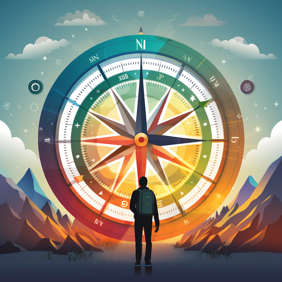 An engaging and realistic image of a person holding a compass, symbolizing the determination of personal and professional goals. The compass needle points towards smaller milestones represented by signposts in the distance, illustrating the idea of breaking down larger goals into manageable tasks. Progress bars float around the person, indicating the importance of regular tracking of progress in personal development.