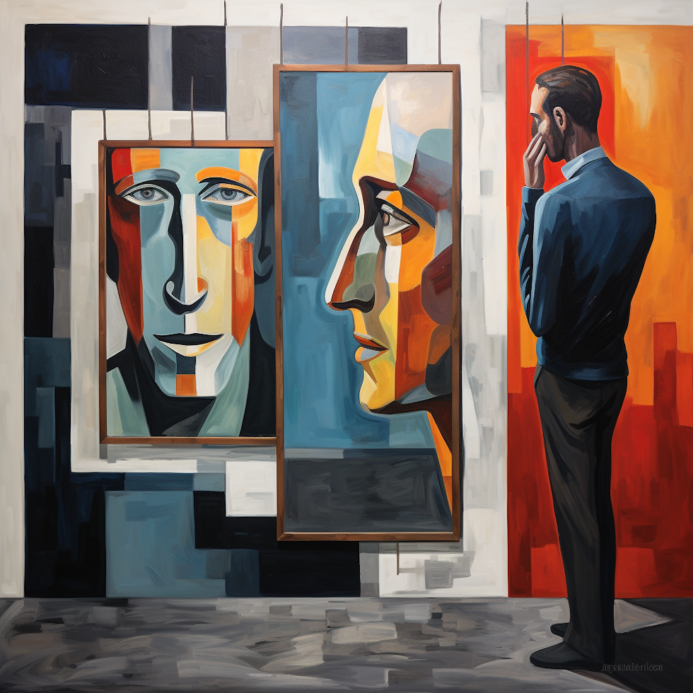 An artful, possibly oil painting illustration of a person looking into a mirror. The mirror reflects not just the physical appearance of the individual, but also conceptual icons representing their strengths, weaknesses, core values, and interests, symbolizing the process of understanding oneself. This image serves as a compelling visual metaphor for the initial steps in personal development.