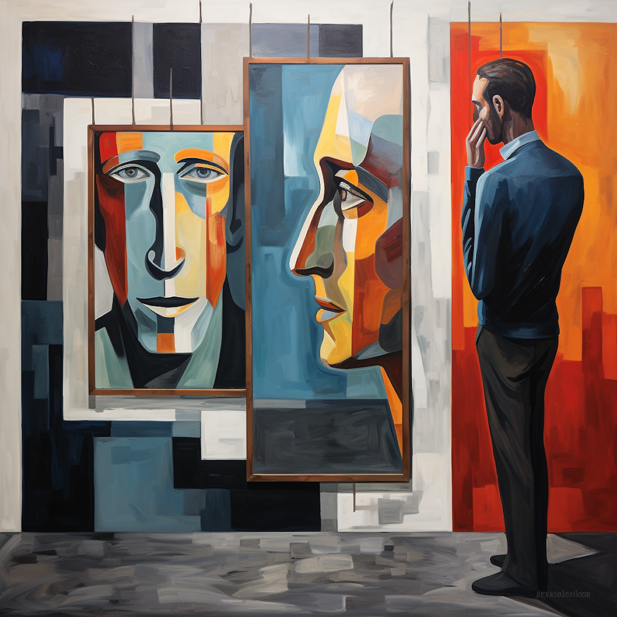 An artful, possibly oil painting illustration of a person looking into a mirror. The mirror reflects not just the physical appearance of the individual, but also conceptual icons representing their strengths, weaknesses, core values, and interests, symbolizing the process of understanding oneself. This image serves as a compelling visual metaphor for the initial steps in personal development.