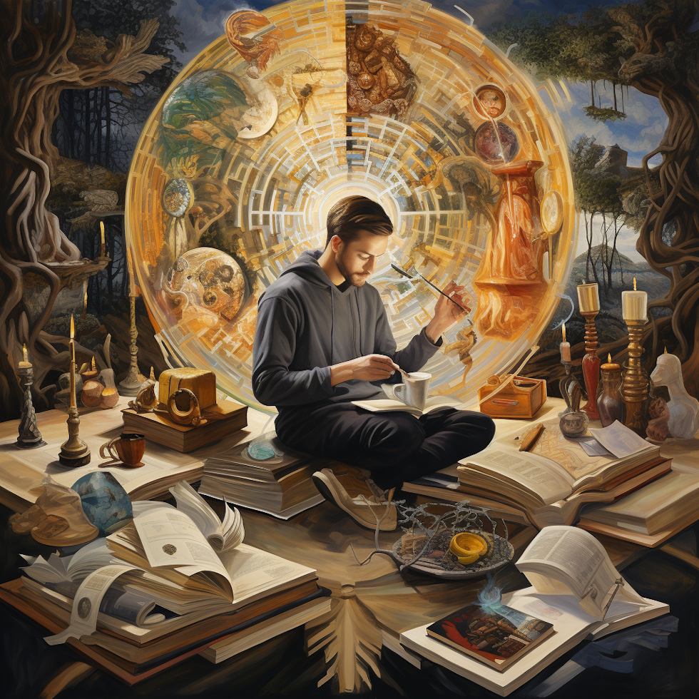An oil painting showcasing a person chiseling a statue of themselves, symbolizing the process of personal development. The individual is surrounded by objects representing different strategies: an open book for self-education, interconnected nodes for networking, a mirror for self-reflection, a calm pond for mindfulness, and a set of dumbbells and a fruit basket for health and wellness. This visually rich, impressionistic tableau illustrates various strategies for personal development.