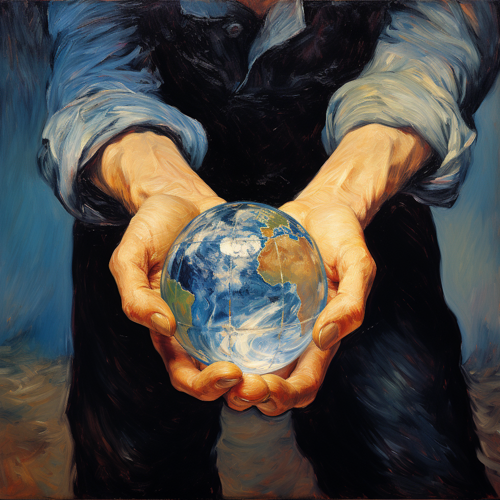 This image vividly brings to life the concept of "Understanding the Importance of Grasp in Everyday Life" using the art form of oil painting. Renowned artist Vincent Van Gogh brilliantly encapsulates this idea through his characteristic expressive style. The scene showcases a pair of hands delicately holding onto a globe, symbolizing the world's knowledge. The color temperature is cool, with hues of blue and green providing a serene backdrop. The hands exhibit a firm yet gentle grasp, epitomizing a controlled understanding. Illuminated under soft, natural light, the painting exudes a calm and insightful atmosphere.