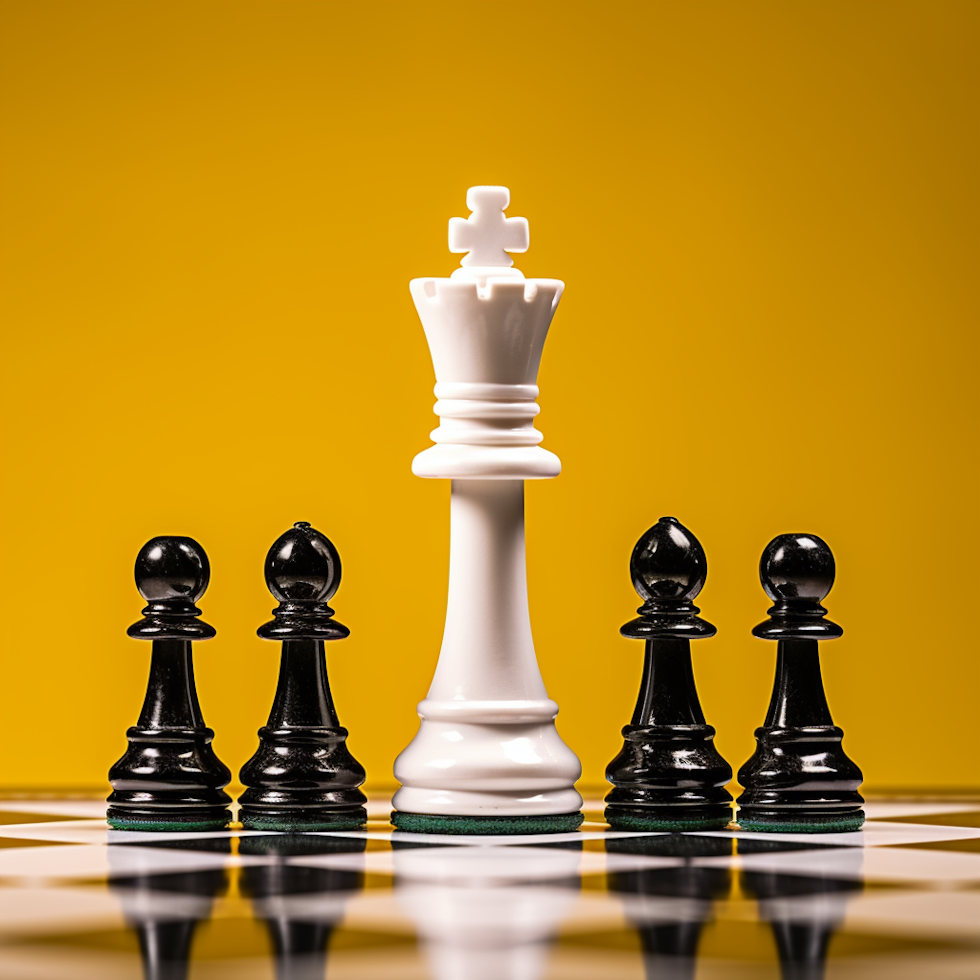 The photo shows a chessboard symbolizing the differences between management and leadership. It is arranged with black and white chess pieces on a bright yellow background. A white King represents leadership, while the white pawns around him and moving towards him show a leader's team and the influence he has over them. On the other side, a black Queen represents the administration. The black pawns lined up in a straight line behind the queen symbolize the manager's act of organizing and controlling things with a certain authority. All this design, presented in matte colors, reflects the complexity and challenges of leadership and management.