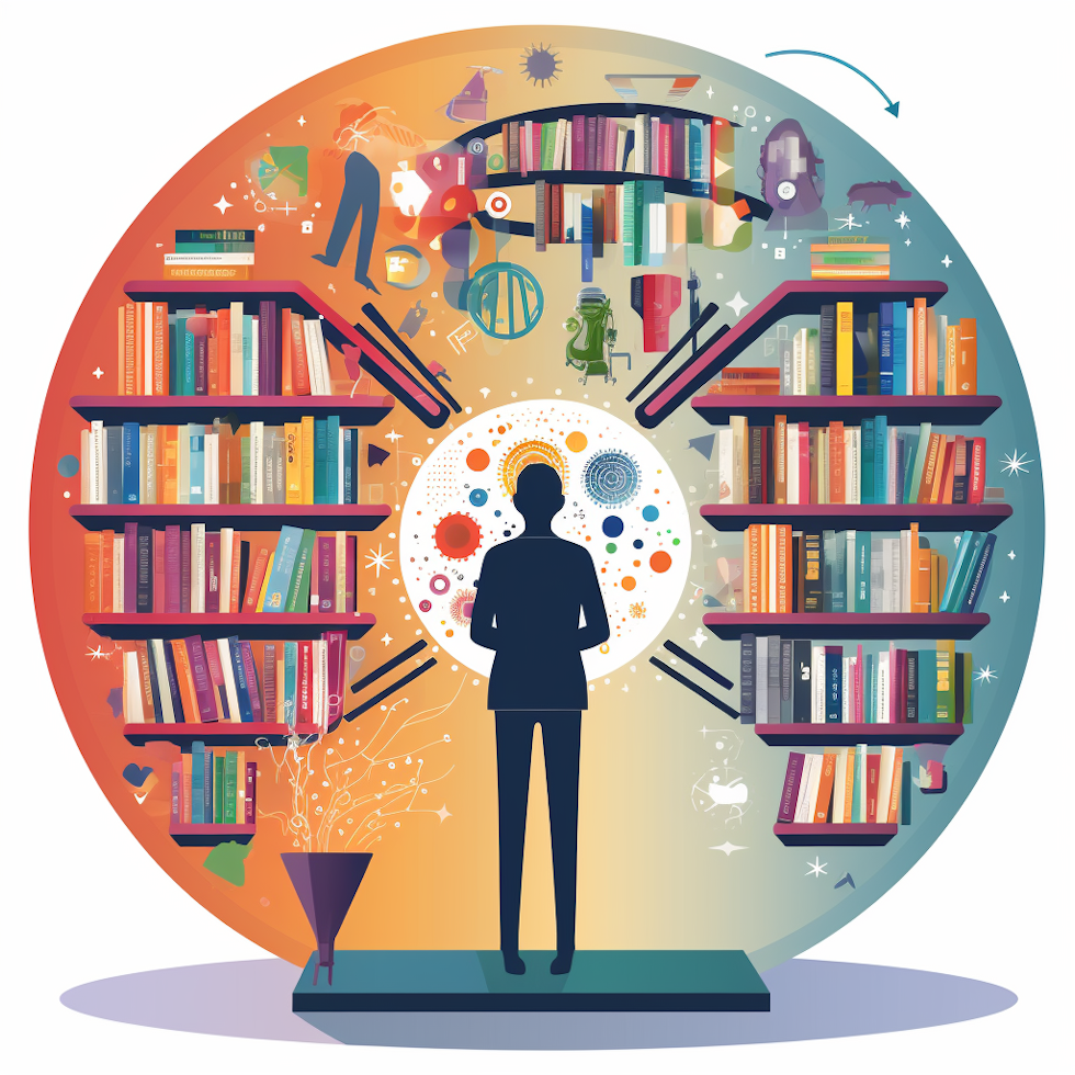 In the center of the image is a colorful and striking circle shape. Inside this circle, there is a symbol of a thinking brain and various icons. On the left side of the image, a person stands in front of a bookcase full of books. The books symbolize the constant continuation of learning. Around the bookcase is an arrow pointing to the right, indicating that continuous learning is a journey. On the right side of the image is a computer screen with another person sitting in front of it. The computer represents the importance of digital learning and online resources. Around the computer, another arrow points to the left, indicating that knowledge and skills are constantly evolving. At the bottom of the image are different figures representing various professions. People in different fields, such as doctors, engineers, teachers, designers and businessmen, show that they are constantly learning and updating their knowledge. In the caption below the image, there is a brief explanation of the details of the image: "This image highlights the advantages of continuous learning for people. The books and computer show that learning can be obtained from a variety of sources, while the figures representing professions reflect the impact of learning on career development. By keeping knowledge and skills up to date, Lifelong Learning helps individuals lead more successful and fulfilling lives." The colors and details of the image can be explained aloud to a visually impaired person and the content can be expressed in a way that helps them understand the importance and advantages of continuous learning