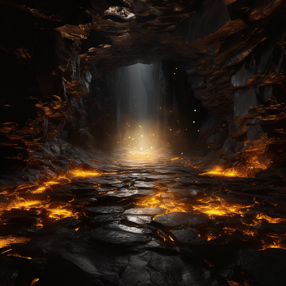 In the center of the image is an impressively illuminated cave. The cave entrance is colored yellow and filled with white lights. This symbolizes the inner world of personal growth waiting to be explored. The dark corridor leading into the cave represents a challenging yet mysterious journey of personal growth.  On the left side of the image, there is a striking black mirror. The person reflected in the mirror is depicted as a person seeking self-discovery. The color black symbolizes turning inward and self-awareness, while the reflection in the mirror marks the beginning of personal growth.  On the right side of the image, there is a lush green meadow. This meadow is a place where new knowledge and skills are acquired. The human figures are improving themselves by doing various activities in this space. Some are reading books, some are making art, some are exercising and some are meditating to find inner peace.  At the bottom of the image, a ladder is seen climbing upwards. This ladder represents that personal development is a continuous journey, constantly moving towards becoming a better version of oneself.  At the top of the image, there is a white sky covered with clouds. A hole in the clouds signifies a journey into the light and symbolizes the opportunity for personal growth to reach a potential that transcends boundaries.  The yellow color in the image creates a bright and inspiring atmosphere, while the black and white colors represent contrast and turning inward. The details have been carefully chosen to capture the enlightenment achieved and the peace that comes with wisdom.  The image expresses the balance between light and darkness through strong color contrasts and meaningful symbolism, while conveying that personal growth is an inner and transformative journey. The atmosphere of the image can be conveyed to a visually impaired person through audio, while the content and symbols can be explained in a way that helps them understand the subject matter of personal growth.