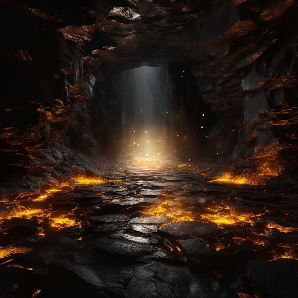 In the center of the image is an impressively illuminated cave. The cave entrance is colored yellow and filled with white lights. This symbolizes the inner world of personal growth waiting to be explored. The dark corridor leading into the cave represents a challenging yet mysterious journey of personal growth. On the left side of the image, there is a striking black mirror. The person reflected in the mirror is depicted as a person seeking self-discovery. The color black symbolizes turning inward and self-awareness, while the reflection in the mirror marks the beginning of personal growth. On the right side of the image, there is a lush green meadow. This meadow is a place where new knowledge and skills are acquired. The human figures are improving themselves by doing various activities in this space. Some are reading books, some are making art, some are exercising and some are meditating to find inner peace. At the bottom of the image, a ladder is seen climbing upwards. This ladder represents that personal development is a continuous journey, constantly moving towards becoming a better version of oneself. At the top of the image, there is a white sky covered with clouds. A hole in the clouds signifies a journey into the light and symbolizes the opportunity for personal growth to reach a potential that transcends boundaries. The yellow color in the image creates a bright and inspiring atmosphere, while the black and white colors represent contrast and turning inward. The details have been carefully chosen to capture the enlightenment achieved and the peace that comes with wisdom. The image expresses the balance between light and darkness through strong color contrasts and meaningful symbolism, while conveying that personal growth is an inner and transformative journey. The atmosphere of the image can be conveyed to a visually impaired person through audio, while the content and symbols can be explained in a way that helps them understand the subject matter of personal growth.