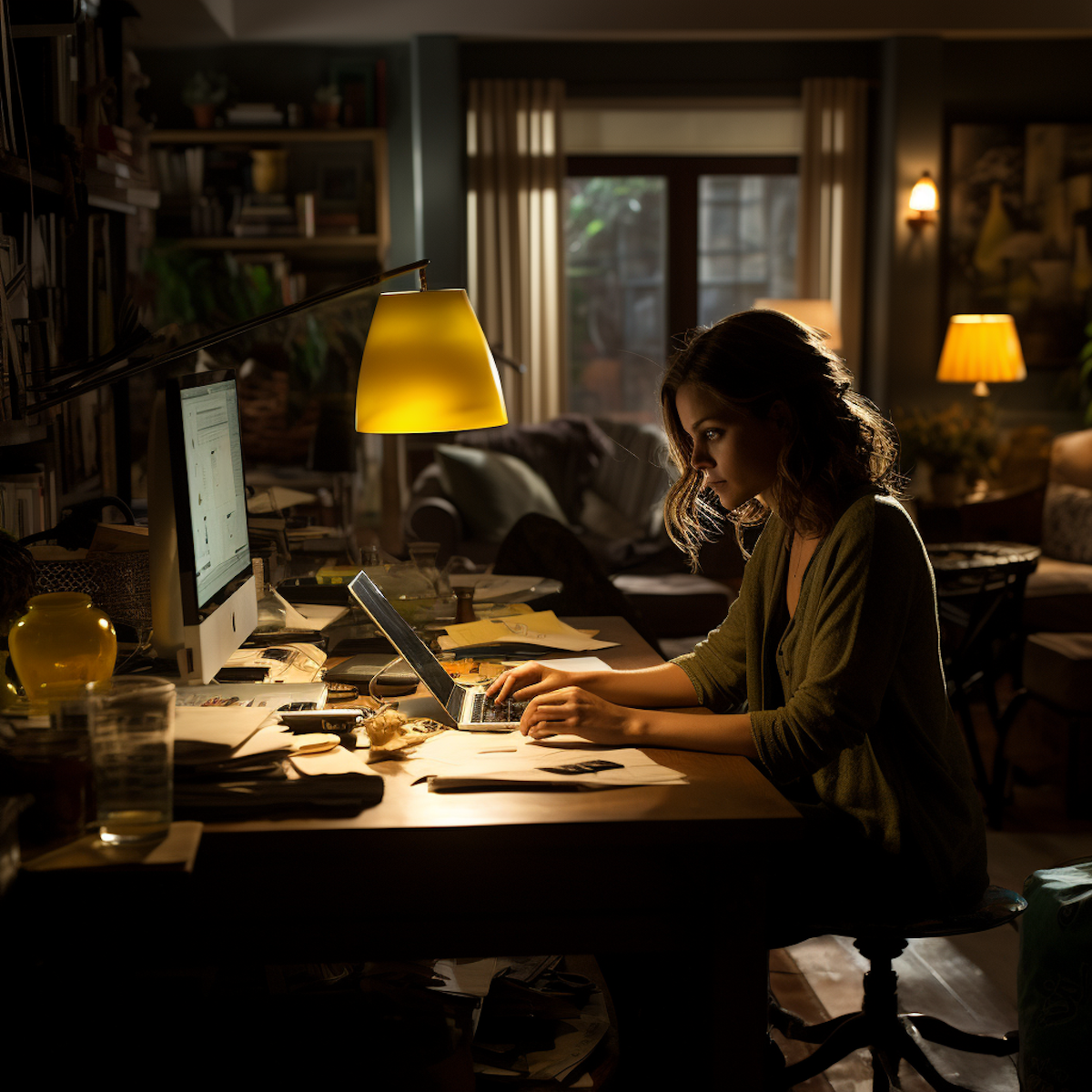 The visual portrays a captivating film scene that revolves around the theme of "Overcoming Financial Costs in Lifelong Learning." The setting is a cozy, dimly lit living room where the protagonist, Sarah, is seated at her desk, engrossed in studying. The dominant colors are yellow, black, and white, creating a warm yet introspective atmosphere. The camera captures Sarah's determined expression as she browses through various online learning platforms on her laptop. Her facial expression reflects the weight of the financial challenges she faces in her pursuit of knowledge. On the wall behind Sarah, there is a vision board with cutouts of inspiring quotes, images of successful professionals, and images depicting education and personal growth. The vision board represents Sarah's aspirations and serves as a reminder of the long-term benefits of her educational journey. In the corner of the room, a shelf displays a stack of books and study materials. Some of the books are old and well-worn, reflecting Sarah's commitment to lifelong learning despite financial constraints. The books are illuminated by a small desk lamp, symbolizing the light of knowledge shining through even in the darkest of times. At the center of the image, a unique piece of art is hung on the wall. The art portrays a tree with its roots deep in the ground, stretching its branches upwards. Each branch is filled with words that represent various learning opportunities and resources. This art serves as a metaphor for Sarah's growth and resilience, even when faced with financial challenges. To Sarah's left, a flickering candle symbolizes hope and determination, indicating that she remains unwavering in her pursuit of knowledge, despite the financial hurdles she faces. In the foreground, there is a worn-out piggy bank with a few coins scattered nearby. This piggy bank represents the financial burden that lifelong learning can impose, but the scattered coins symbolize the small steps Sarah takes to save and invest in her education. The visual storytelling emphasizes the emotional journey of Sarah, highlighting her commitment to personal growth and education despite financial obstacles. The scene conveys a powerful message of resilience, determination, and the belief that knowledge is a valuable investment that pays off in the long run. The absence of text allows the image to speak for itself, making it accessible to individuals with visual impairment. Every detail, from the flickering candle to the scattered coins, is carefully thought out to convey the concept of overcoming financial costs in lifelong learning.