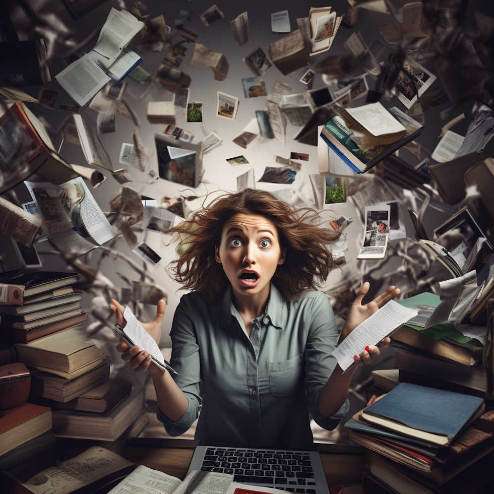 In the foreground of the image, there is a person standing at the center, surrounded by a whirlwind of books, papers, and digital devices. The overwhelming amount of information symbolizes the challenge of "Information Overload."  The person's facial expression shows signs of stress and confusion, representing the emotional toll of being bombarded with an excess of data. Their body language reflects hesitation and uncertainty, as they try to navigate through the sea of information.  The colors of the books and digital screens are a mix of yellow, black, and white, creating a visually striking contrast. Yellow represents the knowledge and insights available, black signifies the challenges and drawbacks of information overload, while white portrays the potential for clarity and understanding.  In the background, a vast internet landscape is depicted with an intricate web of interconnected information. This web symbolizes the vast array of lifelong learning resources available on the internet, contributing to the information overload.  As the scene unfolds, a clock on the wall shows the passing of time, indicating the urgency of managing the overwhelming influx of information effectively.  In one corner of the image, a trash can is seen overflowing with discarded papers and irrelevant materials. This represents the need to filter out irrelevant content to prevent wasted time and effort.  On the opposite corner, a focused and organized study area with a few carefully selected books and a notebook is depicted. This area represents the solution to information overload - having a clear learning goal and a defined learning path.  Overall, the visual tells the story of a person grappling with the challenge of information overload, feeling overwhelmed by the abundance of lifelong learning resources available. However, it also portrays the potential for managing this challenge through strategic planning, judicious selection, and a focused approach to lifelong learning.  The image aims to evoke empathy and understanding, allowing even someone with visual impairment to grasp the theme of "Information Overload" and the importance of finding balance and clarity in the pursuit of lifelong learning.