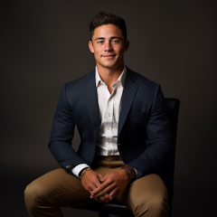 A young man sitting on a chair in a suit, shirt and tie, in the style of chase stone, portraits with soft lighting, reuben nakian, clovis trouille, smilecore, carnivalcore, dark gray and bronze