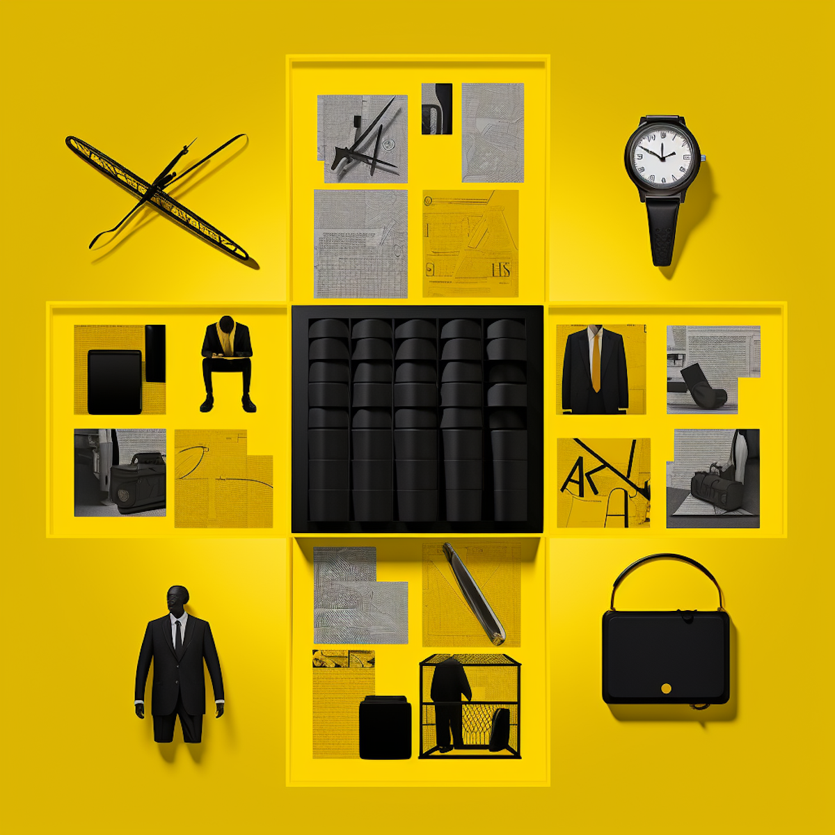 Visualize an elegant graph, a pie chart glowing in a soft yellow light. Eighty percent of it, colored in bold black, is filled with various symbols signifying results: a glowing star, a trophy, a rosette. The remaining twenty percent, in stark white, depicts effort symbols like a person running, a clock, or a gear. The image aptly portrays the 80/20 rule of the Pareto Principle.