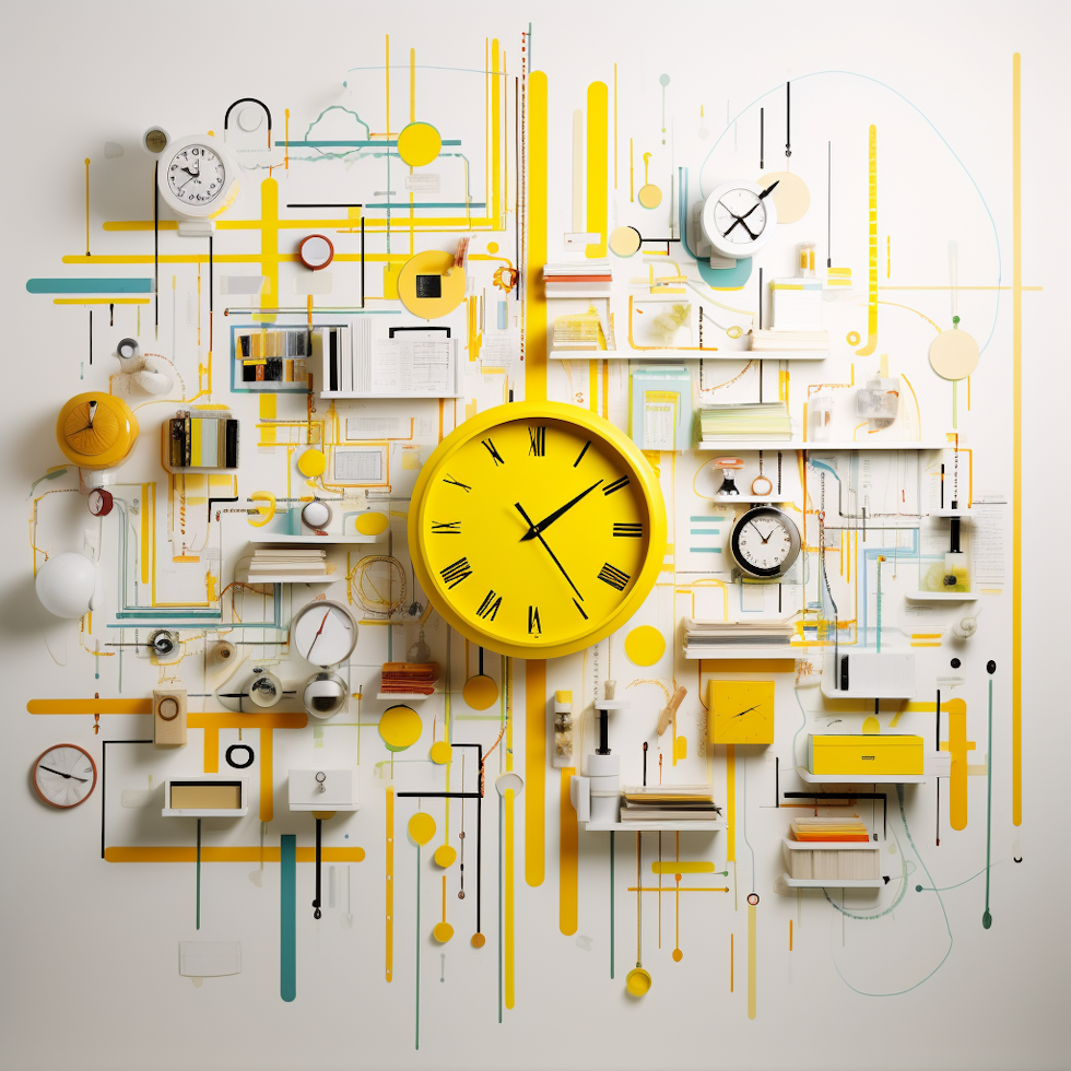 Conjure the image of a large, white wall clock, its face partitioned into different sections, each section painted with different tasks - a book, a dumbbell, a laptop. Each task is separated by bold, yellow lines symbolizing specific time slots. It offers a visually impactful representation of Time Blocking.