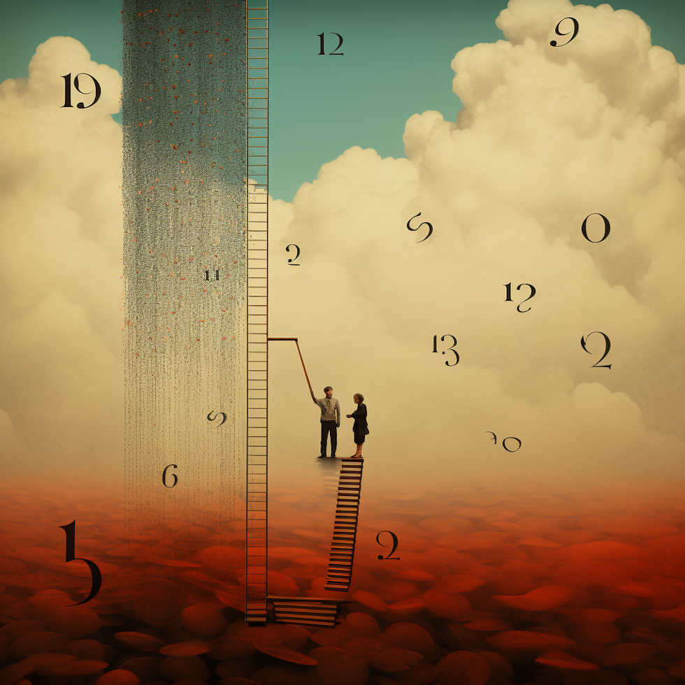 People standing inside a ladder with a clock next to them, in the style of dreamlike surrealist landscapes, data visualization, intuitive gestures, contrast of scale, numerical complexity, conceptual art pieces, atmospheric clouds