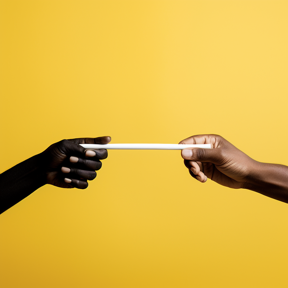 Visualize a pair of hands, one in black and the other in white against a yellow backdrop, passing on a baton, representing tasks. The black hand is larger, burdened, symbolizing the person delegating tasks. The white hand is smaller, ready to receive the baton, symbolizing the one taking on the delegated tasks. It's a simple, yet powerful image of Delegation.