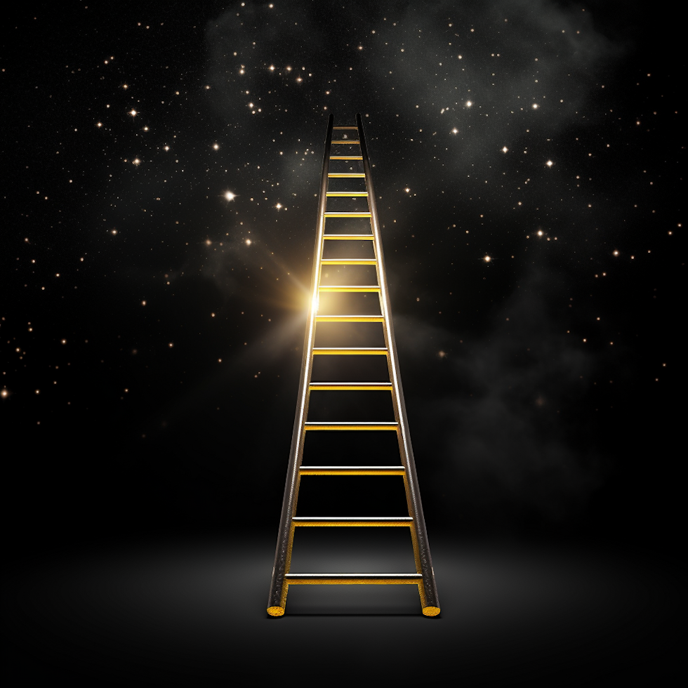 Imagine a white ladder stretching upward against a black background. Each rung of the ladder is highlighted in bold, bright yellow and symbolizes a step or a smaller, achievable goal. At the top of the ladder, a bright star, representing the ultimate goal, glows. This image beautifully represents Goal Setting.