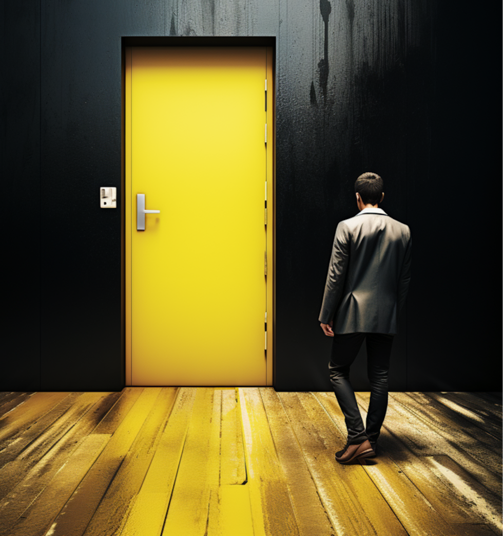 Picture a huge, black wall with the word 'procrastination' inscribed on it, blocking the path of a person. However, imagine a bright yellow door opening in the wall, symbolizing the act of breaking down tasks into manageable parts, and our person stepping through. The image captures the essence of overcoming procrastination.