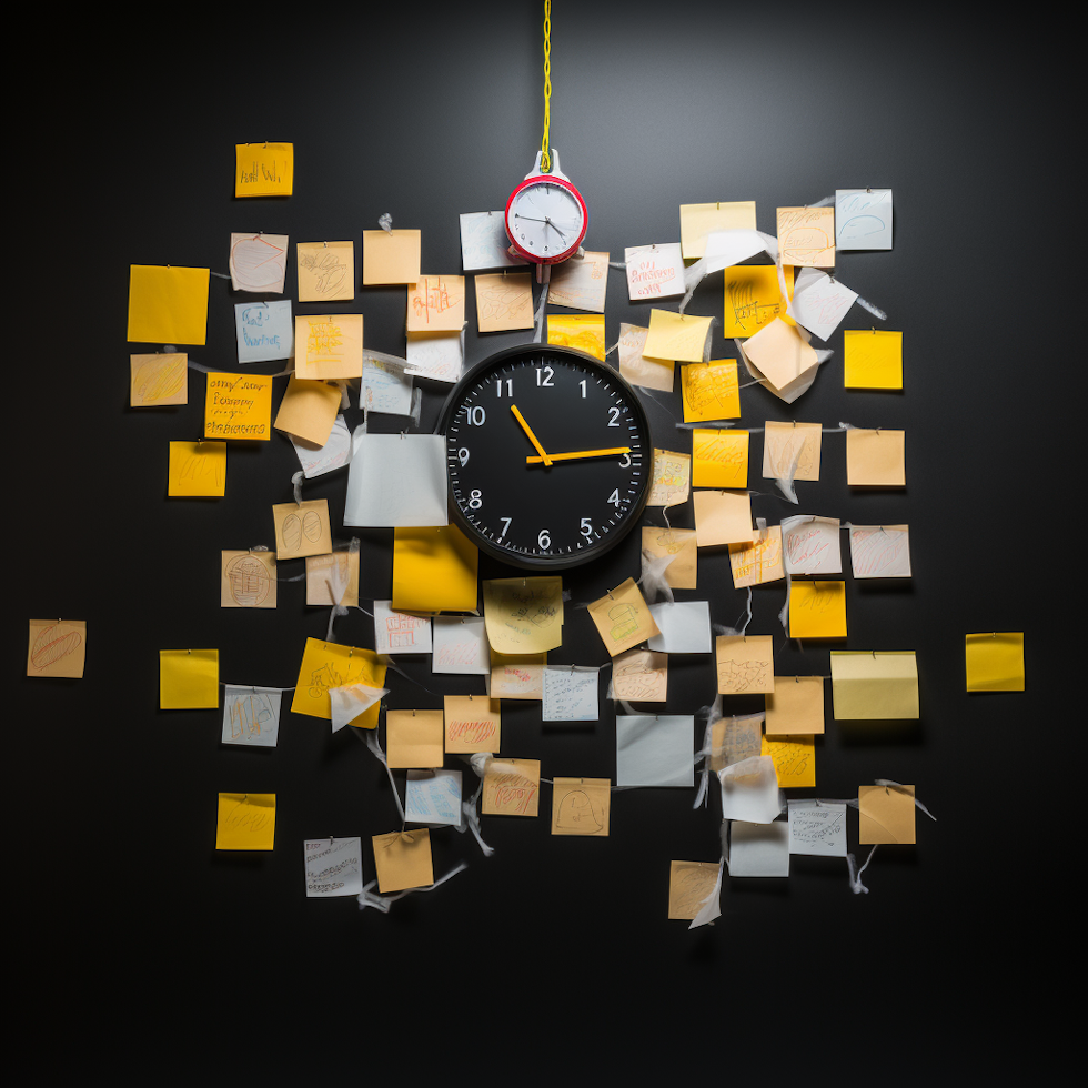 Imagine a blackboard with various white sticky notes attached, each with a different symbol - a clock, a bell, a flashing light. These symbols represent reminders and notifications, the bright yellow edges of the notes drawing attention to their importance. This simple yet impactful image represents how reminders and notifications aid in keeping us on track.