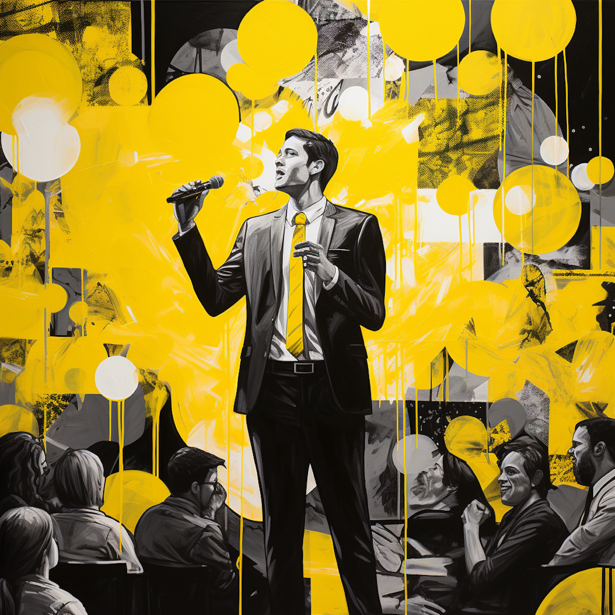 In this visually captivating scene, we find ourselves in the midst of a powerful metaphor for John's journey of self-discovery and transformation as a public speaker. The background is adorned with striking shades of yellow, evoking feelings of brightness and optimism, while the foreground is artistically depicted in contrasting black and white hues, symbolizing the internal struggle John faces. The image centers around John, the protagonist, who stands at the edge of a towering cliff. He is portrayed as a silhouette, emphasizing his initial lack of self-assurance and confidence. The windswept landscape adds an element of dynamism, representing the turbulence and uncertainty that characterizes his current state. In the distance, there is a magnificent and seemingly unattainable stage, brightly illuminated with golden spotlights. This represents John's ultimate goal: becoming a successful and passionate public speaker. The stage is positioned high above the clouds, reflecting the daunting challenge John must overcome to achieve his dreams. To further emphasize the inner conflict, we see two distinct paths leading from John's position. The first path is narrow and perilous, riddled with obstacles and sharp edges, signifying his hesitancy and fear of public speaking. On the other hand, the second path is broader, gradually sloping upwards, and adorned with motivational quotes and encouraging words. This path symbolizes the journey of growth, confidence, and empowerment that John must embark on to conquer his insecurities. As the viewer gazes at the image, they are encouraged to reflect on their own personal struggles and aspirations, empathizing with John's emotional journey. The colors, composition, and symbolism combine to create a thought-provoking and visually stunning prompt, inviting the observer to ponder the importance of self-belief and resilience in achieving one's goals.