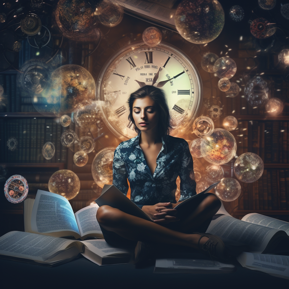 baloncuklar ve saatlerle çevrili bir kadın kitap okuyor, rüya gibi portre tarzında, yoğun ve dramatik aydınlatma, foto-gerçekçi teknikler, zamansız sanat, uhd görüntü, ruhani meditasyonlar, rüya gibi atmosferler