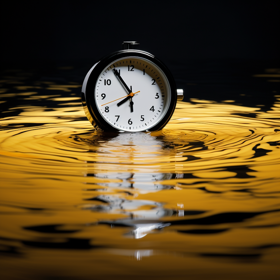 Siyah beyaz durgun bir havuzun üzerinde yüzen ışıltılı sarı bir saat, zamanın düzenli ritmini bozan dalgalar, sakin suya yansıyan kısacık anlar, zaman yönetiminin özünü temsil ediyor.