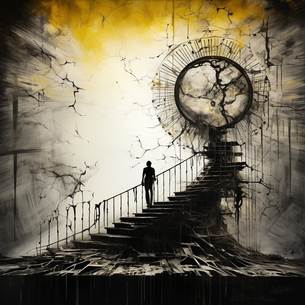 Dramatic contrast, monochrome, hints of yellow, silhouette of exhausted figure, rising sun, shattered clock, ascending staircase, fraying rope, shadowed personal growth tree, reflective surface, labyrinth overlay, blurred edges.