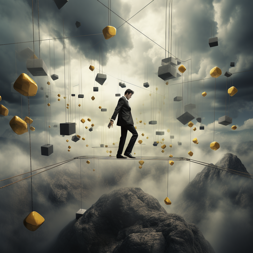 Floating dice over a chasm, tightrope walker balancing, stormy clouds, calm before the storm, grayscale gradient background, yellow highlights, shadowy figures analyzing, decision crossroads.