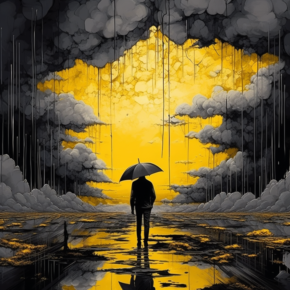 Shielded umbrella, yellow-black-white palette, intense storm brewing, vulnerable objects below, firm grip, strong winds, hint of sunbreak, resilience symbolized, intense contrasts.