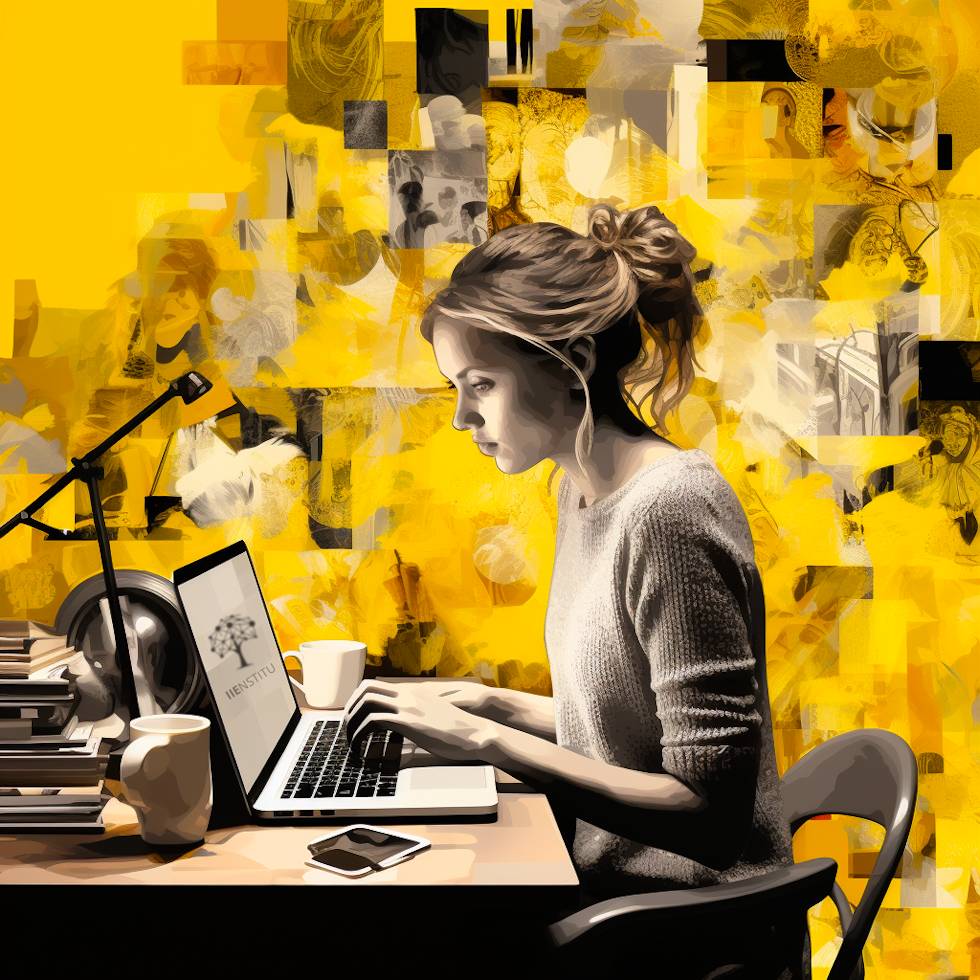 Online student, academic ambiance, digital workspace, yellow-black-white palette, detailed, meaningful, evocative, interpretative imagery.