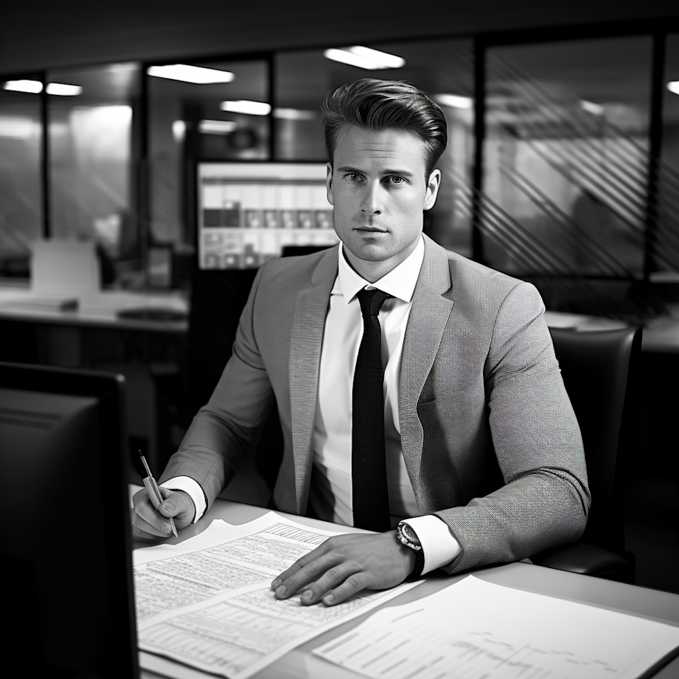 black and white, office, desk, business suit, serious expression, computer screen, spreadsheet, salary, HR professional, experience, qualifications, industry, location, satisfaction,